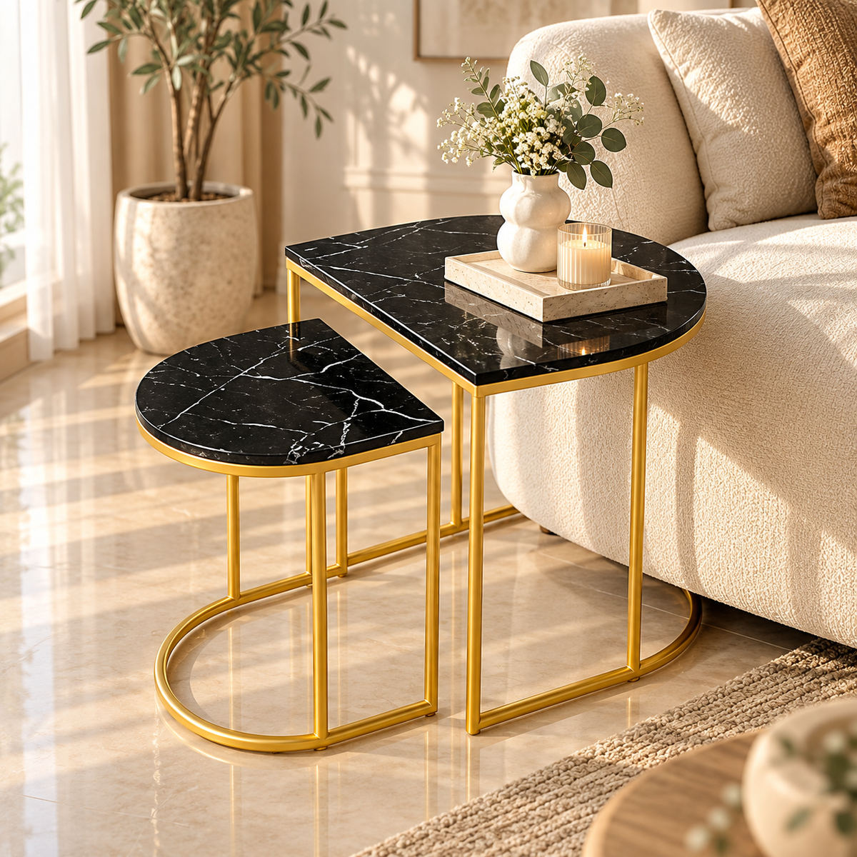 Side Table Set – Black Marble-Look Tops with Golden Frames