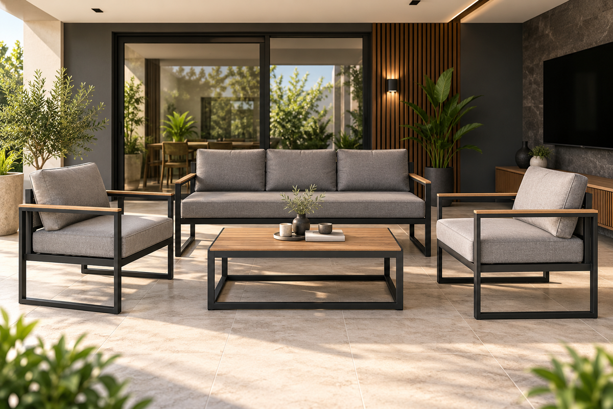 Sofa Set – Modern Metal Design with Warm Wood Accents