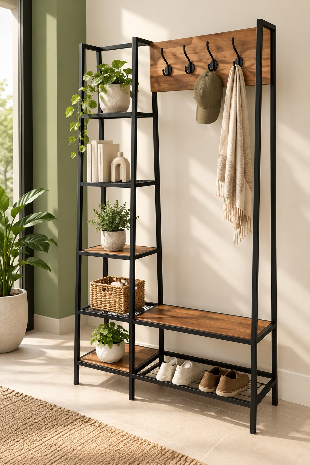 Metal & Wood Wardrobe Organizer with Hooks & Bench