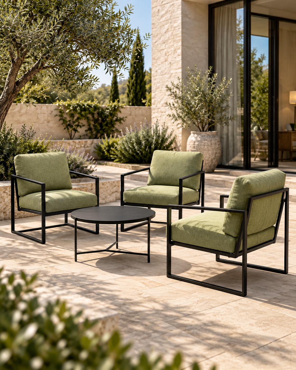 Lounge Chair Set – Soft Green Seating with Clean Metal Lines