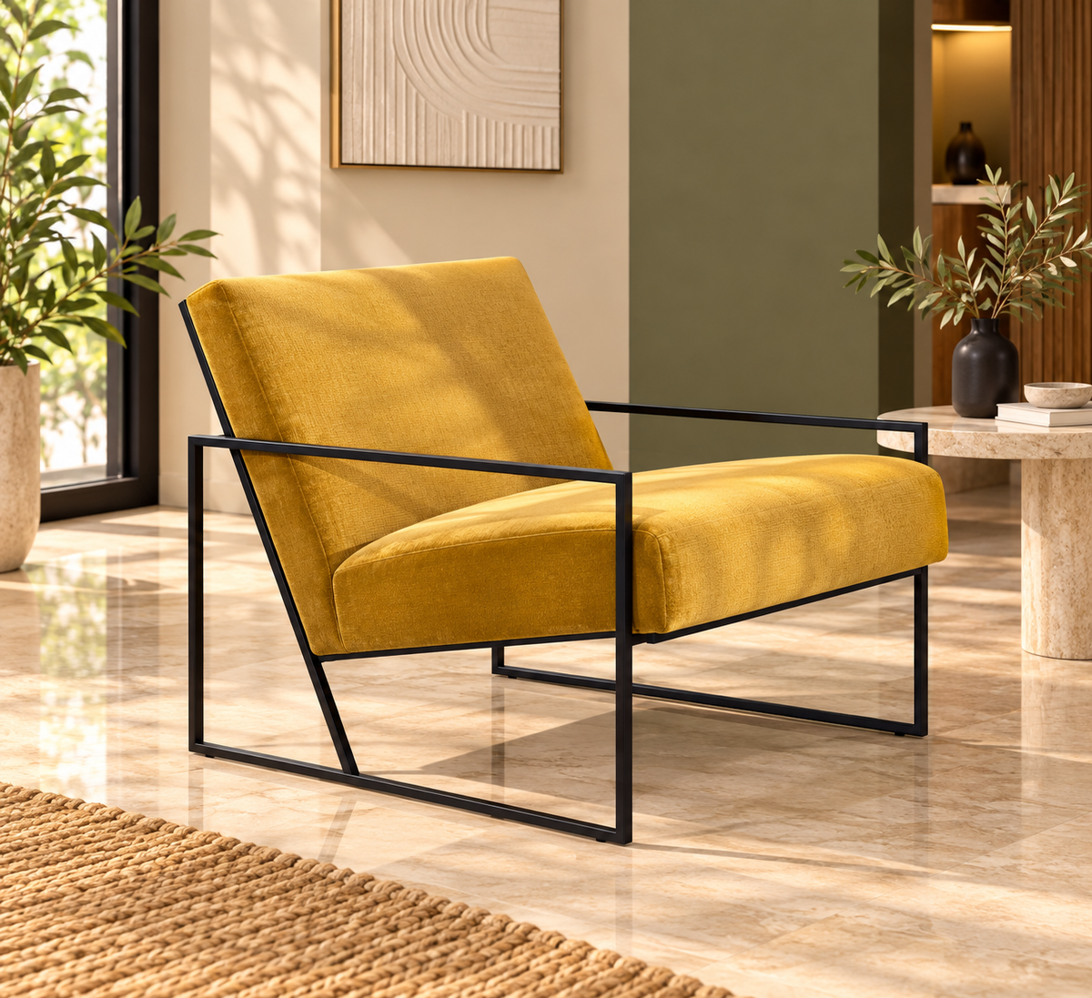 Lounge Chair – Warm Mustard Upholstery with a Black Metal Frame