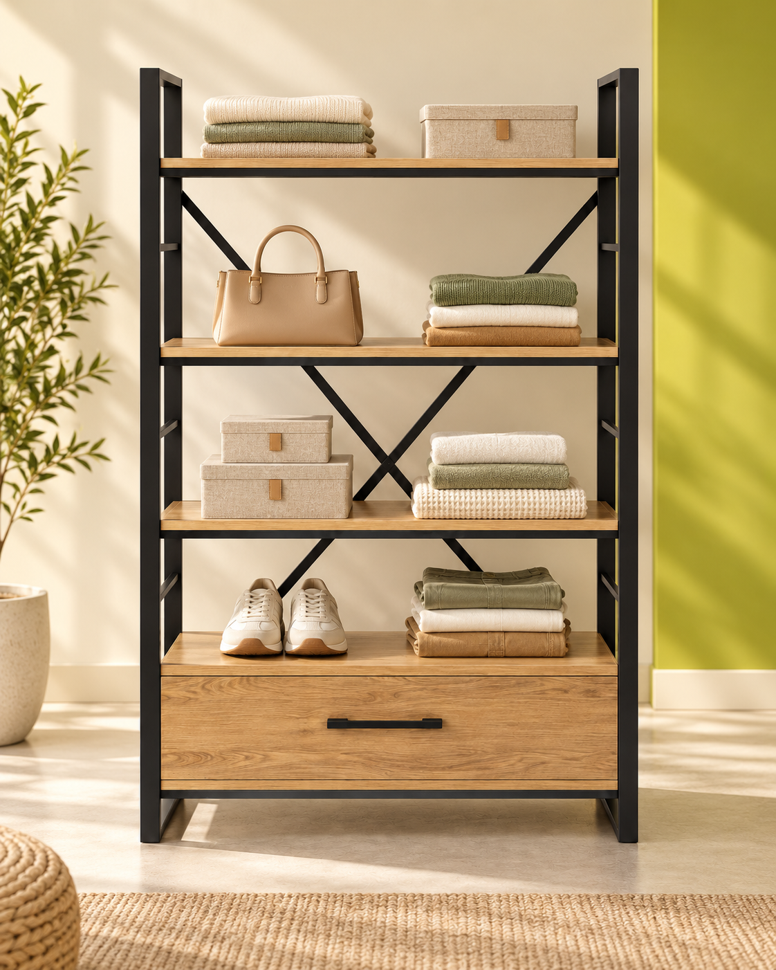 Metal & Wood Wardrobe Organizer with Drawer