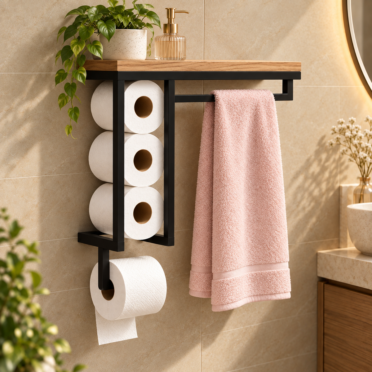 Bathroom Organizer – Wall-Mounted Towel & Toilet Paper Holder