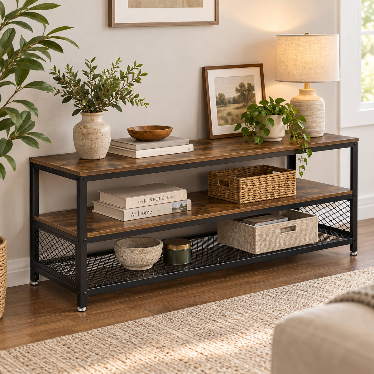 TV Console – 3-Tier Metal & Wood Media Stand image 1