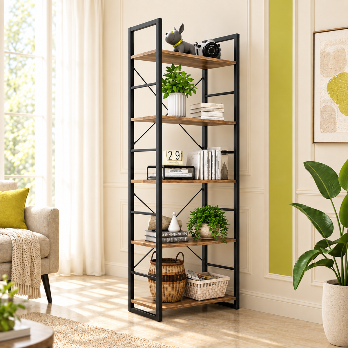 Bookrack – 5-Tier Storage with Rustic Industrial Style