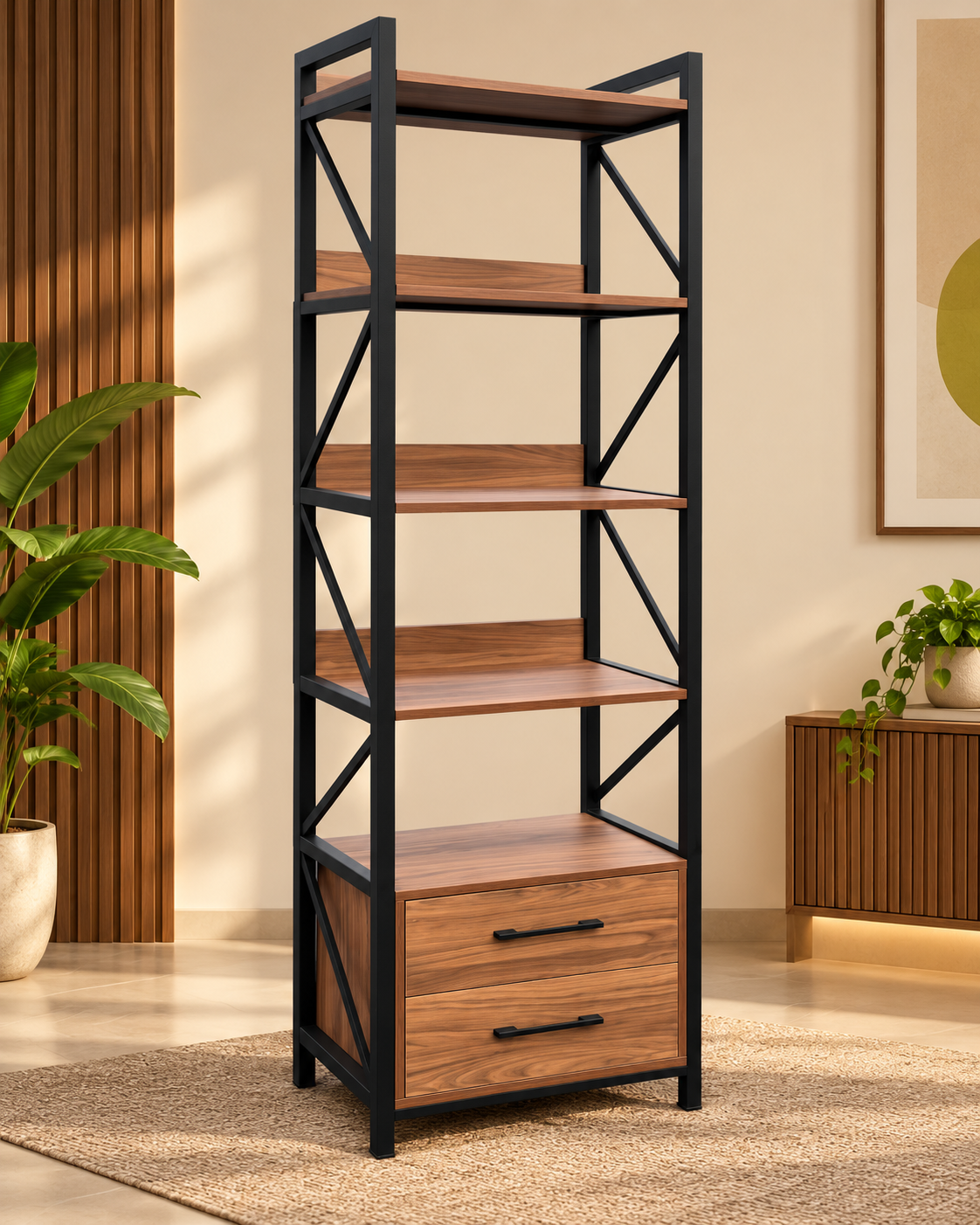 5-Tier Metal & Wood Wardrobe Organizer with Double Drawer