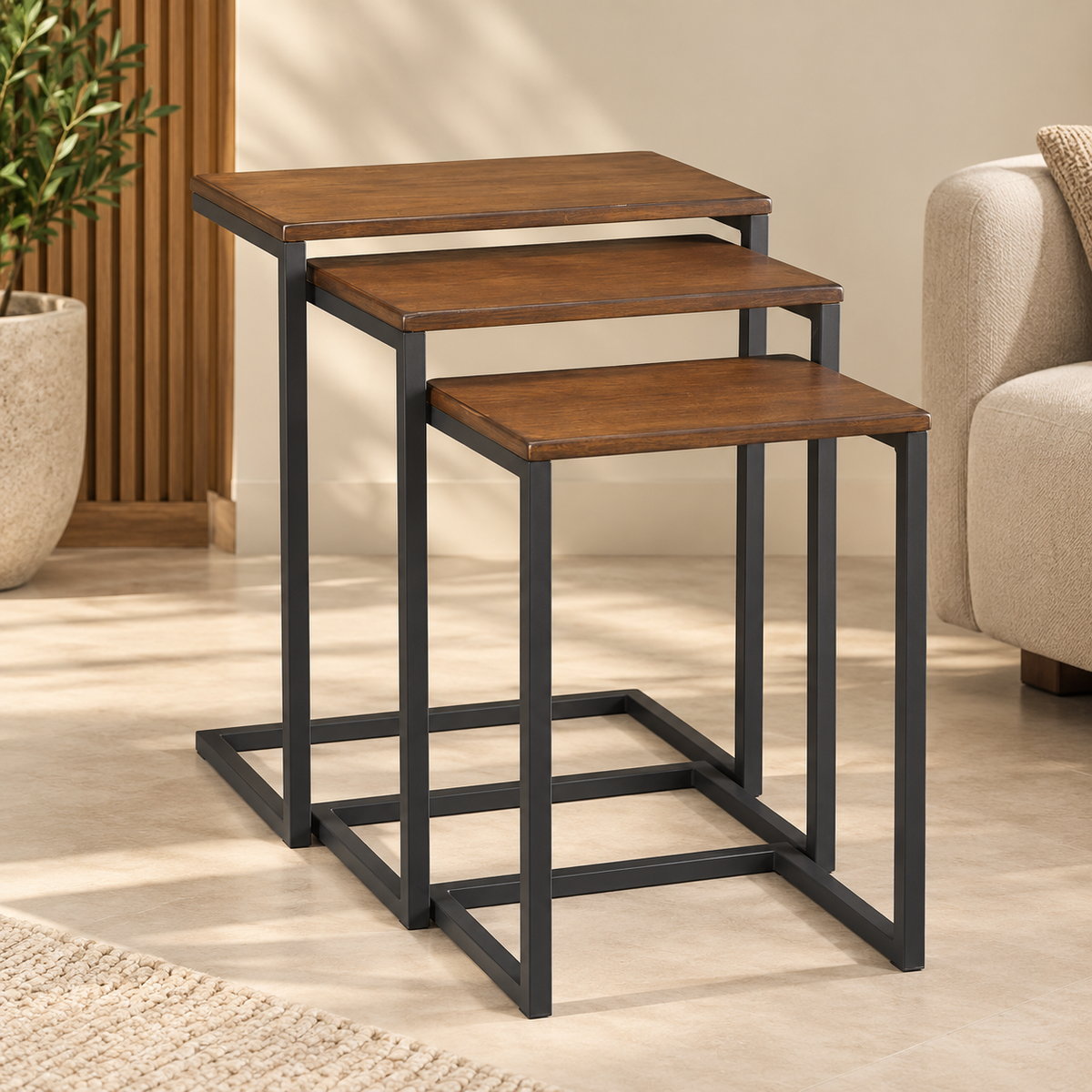 Side Table Set – Nesting Design with Warm Wood-Finished Tops