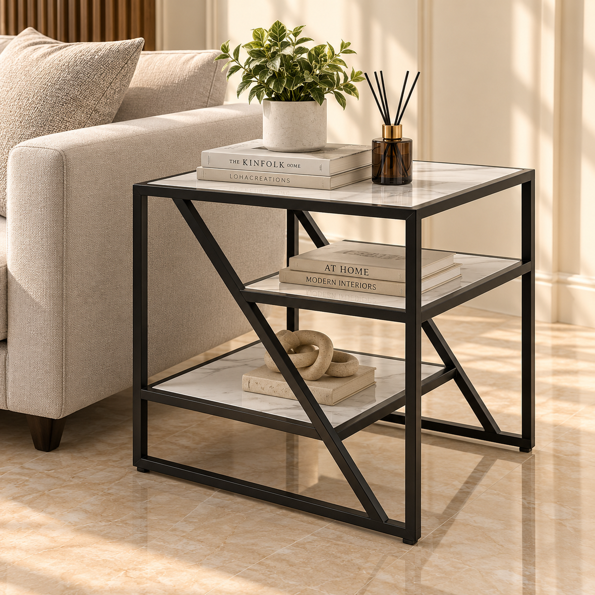 Side Table – Three-Tier Storage with a Geometric Metal Frame