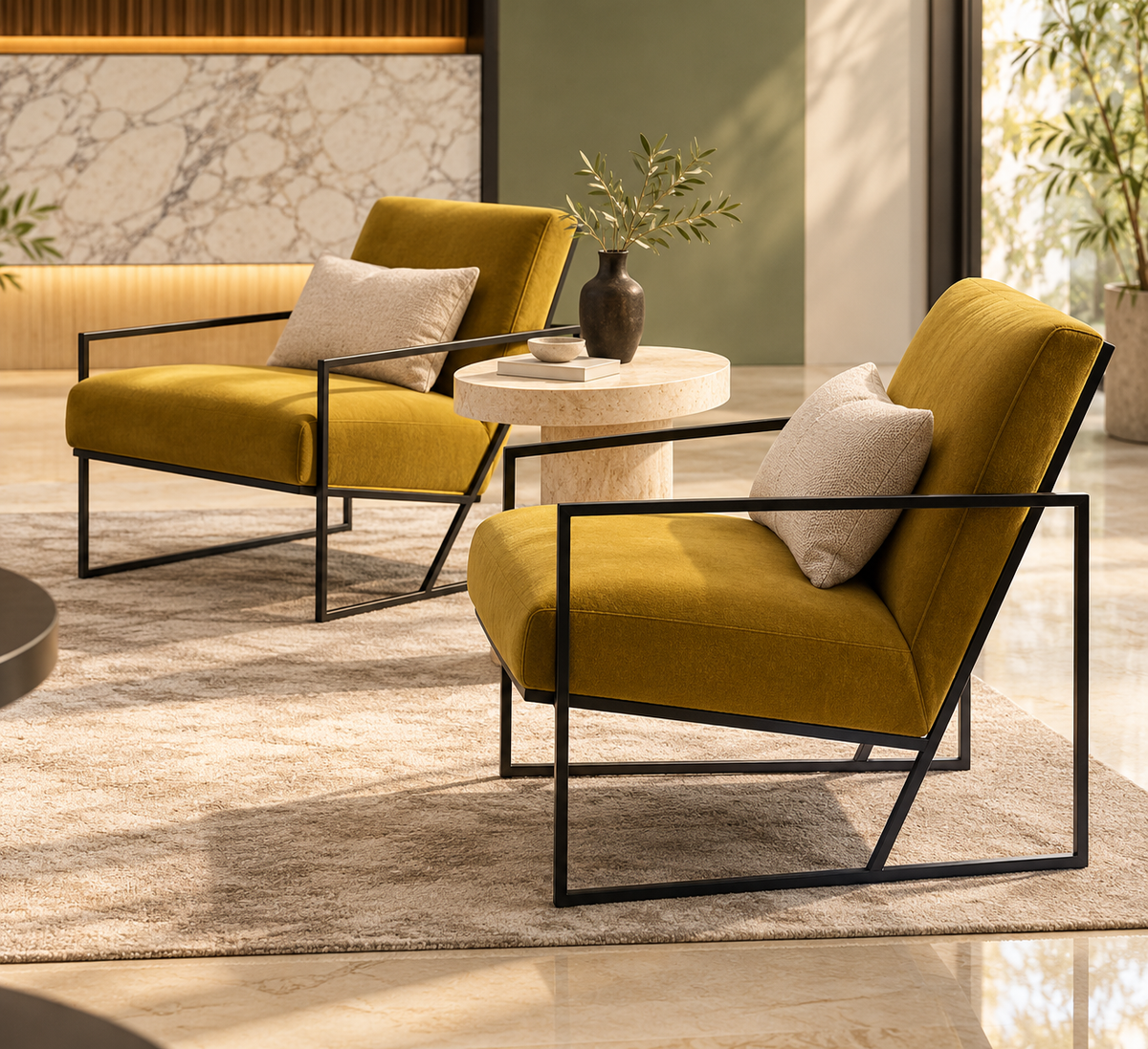 Lounge Chair – Warm Mustard Upholstery with a Black Metal Frame
