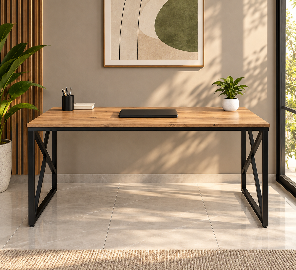 Workstation – Spacious Wooden Desk with X-Frame Support