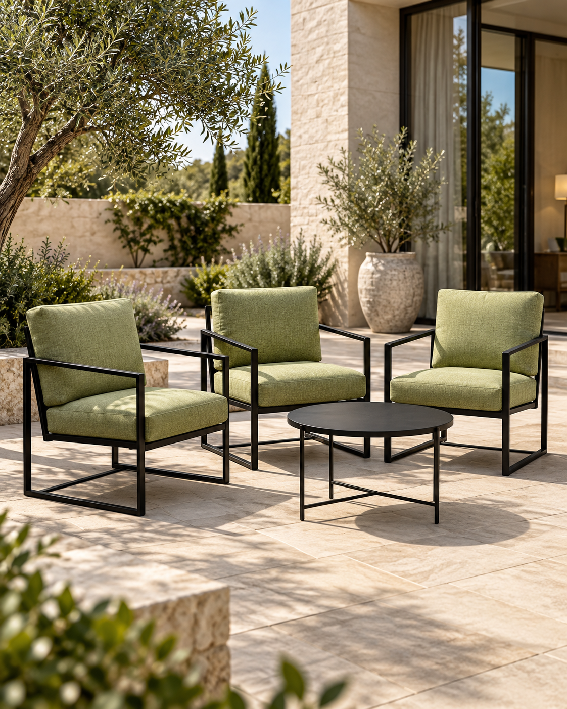 Lounge Chair Set – Soft Green Seating with Clean Metal Lines