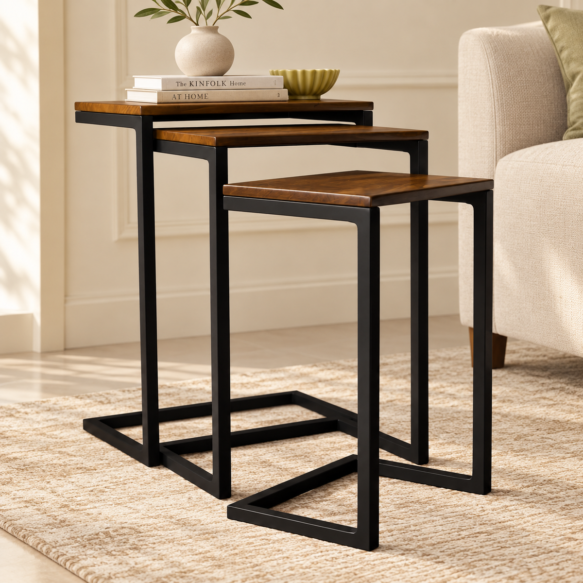 Side Table Set – Nesting Design with Warm Wood-Finished Tops