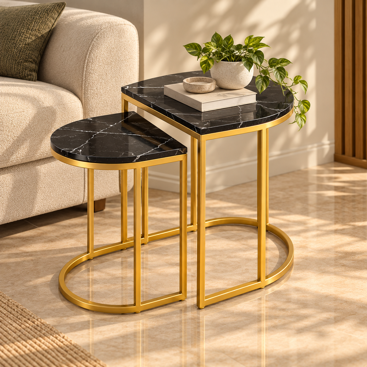 Side Table Set – Black Marble-Look Tops with Golden Frames