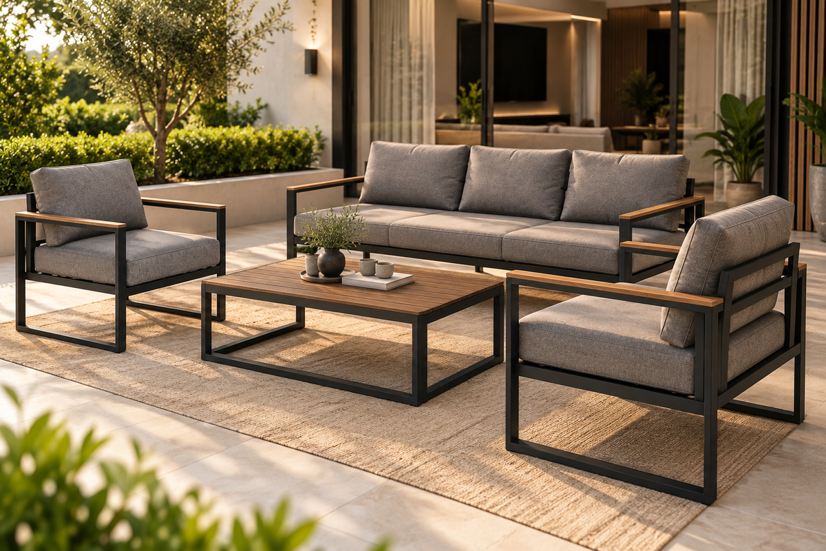 Sofa Set – Modern Metal Design with Warm Wood Accents