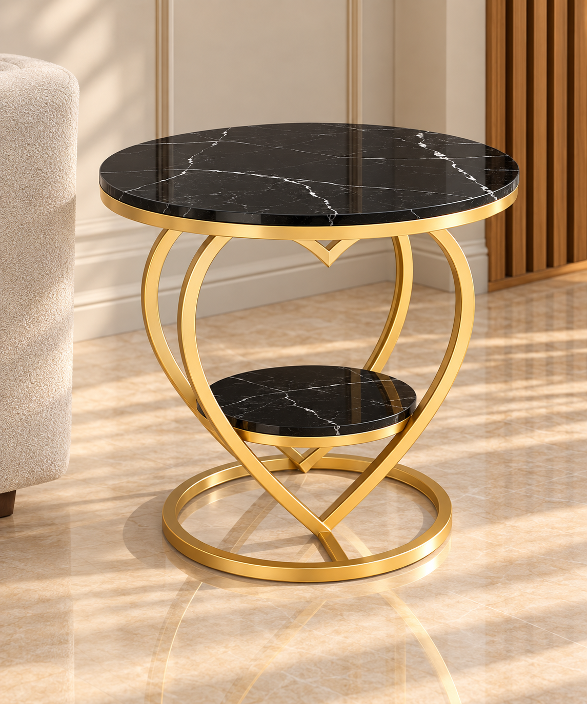 Side Table – Sculptural Gold Frame with Black Marble-Look Surfaces