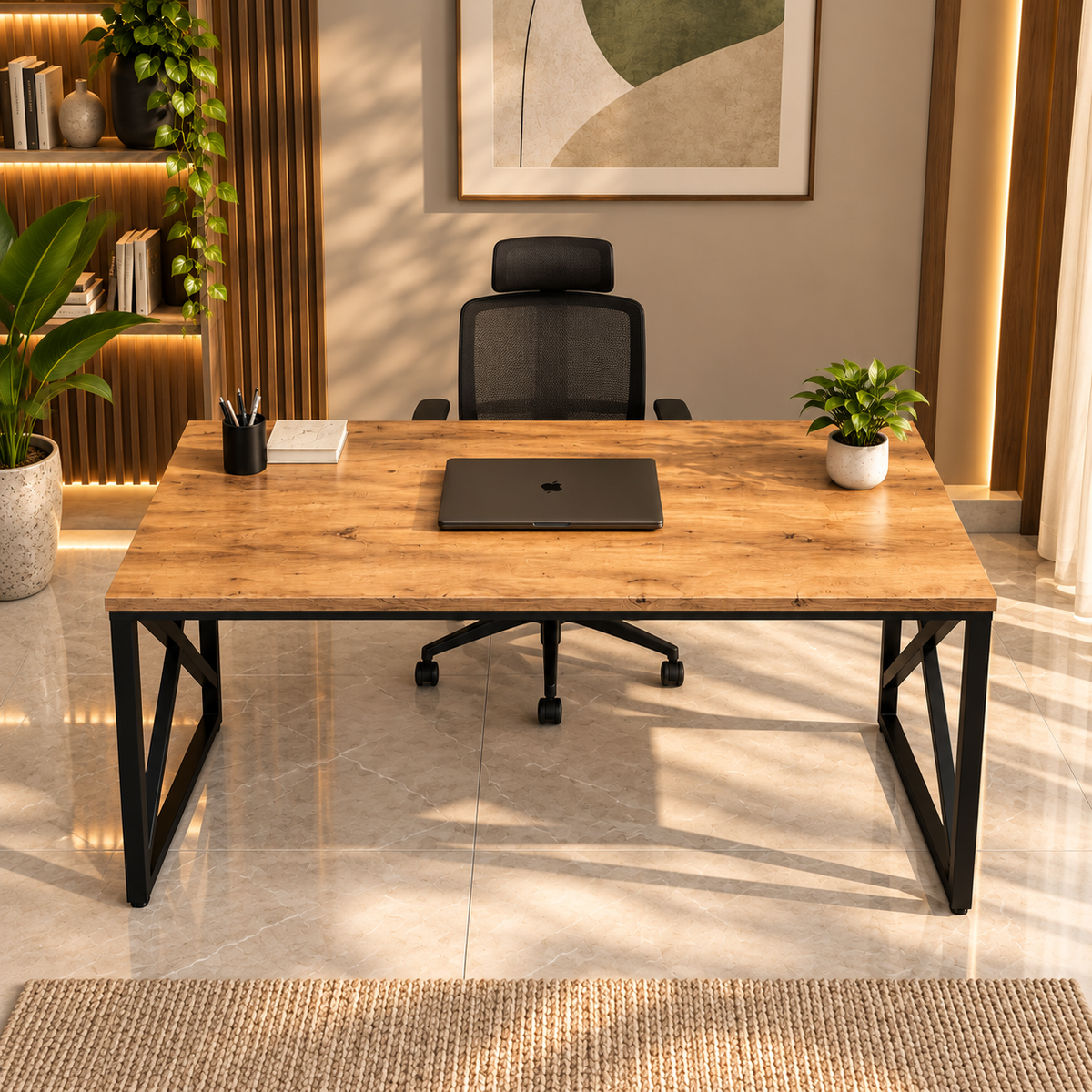Workstation – Spacious Wooden Desk with X-Frame Support