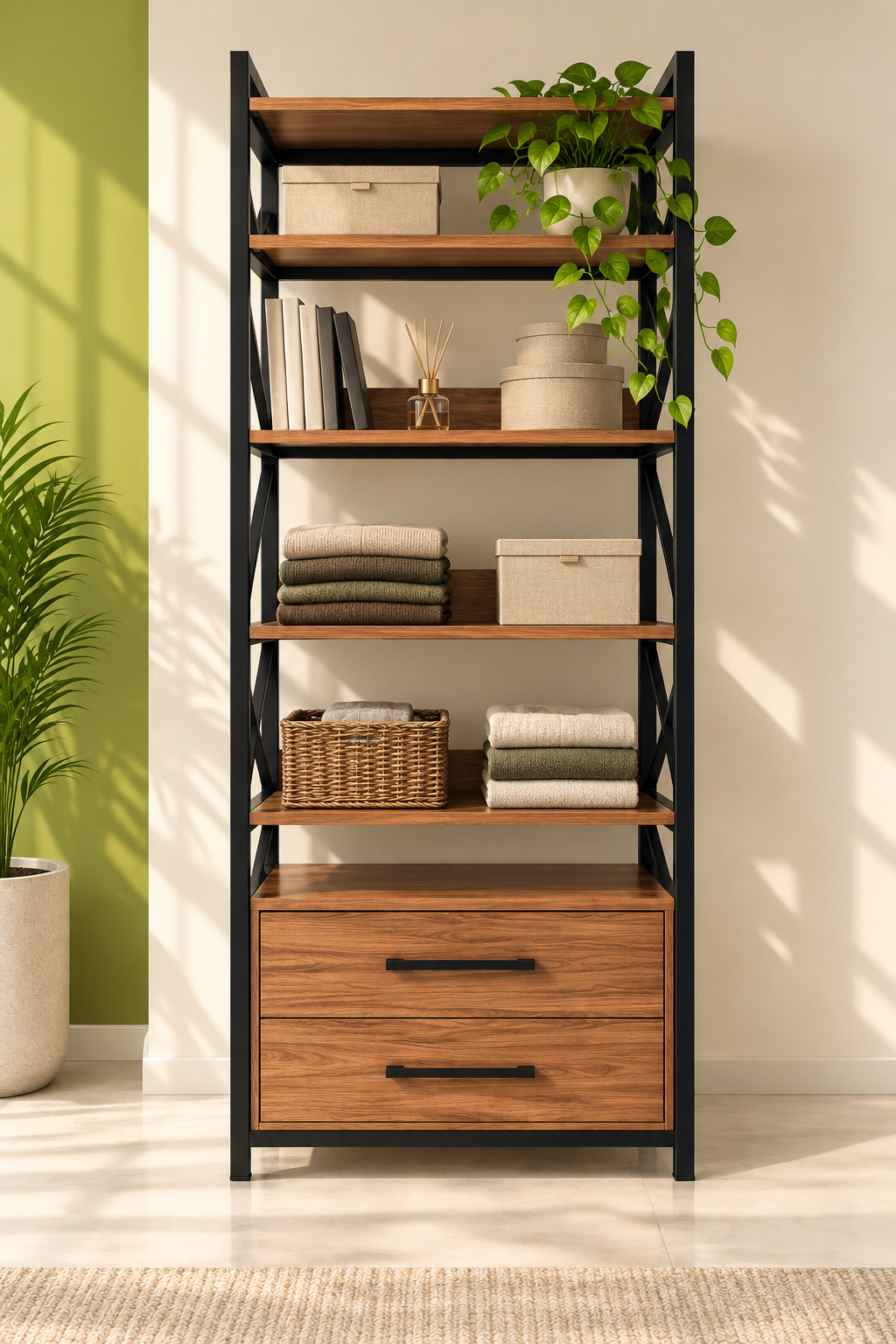 5-Tier Metal & Wood Wardrobe Organizer with Double Drawer