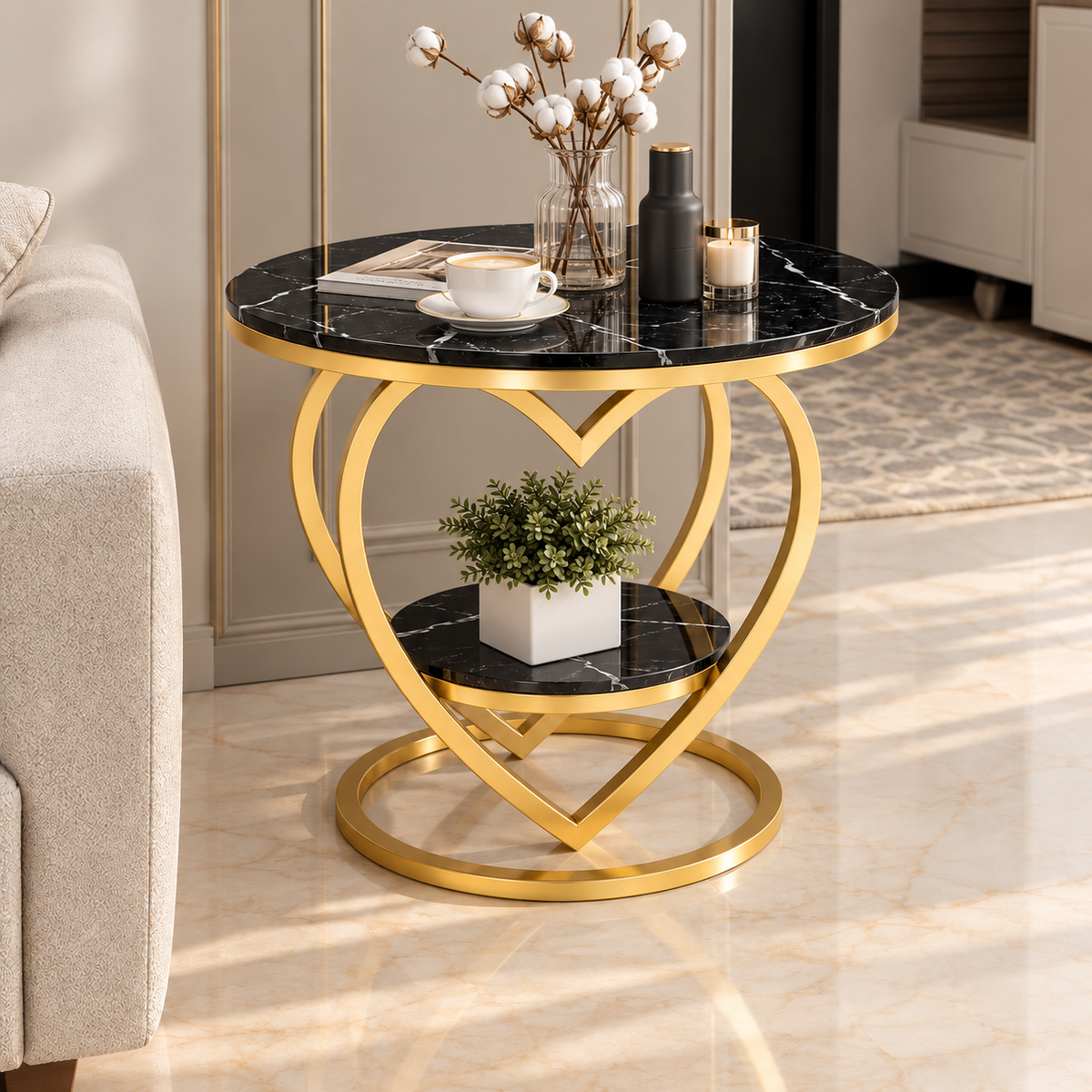 Side Table – Sculptural Gold Frame with Black Marble-Look Surfaces