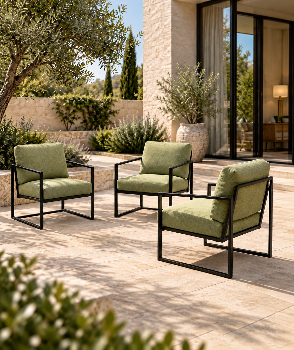 Lounge Chair Set – Soft Green Seating with Clean Metal Lines