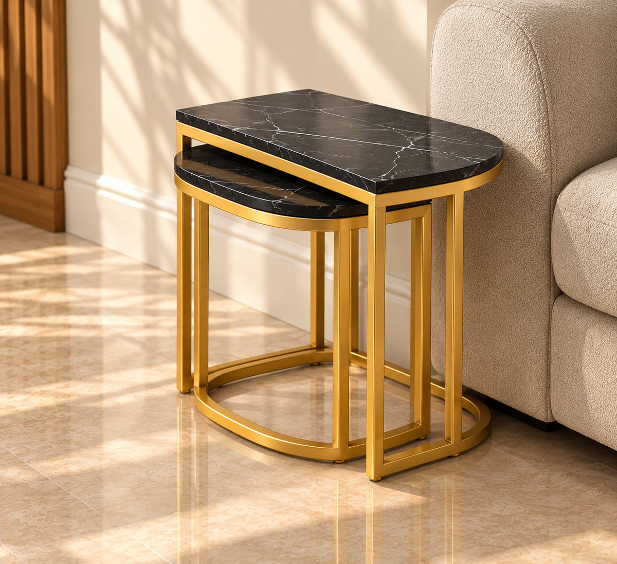Side Table Set – Black Marble-Look Tops with Golden Frames