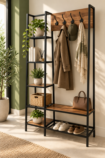 Metal & Wood Wardrobe Organizer with Hooks & Bench