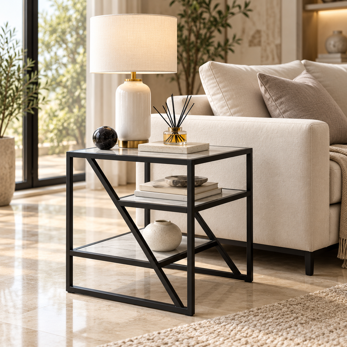 Side Table – Three-Tier Storage with a Geometric Metal Frame