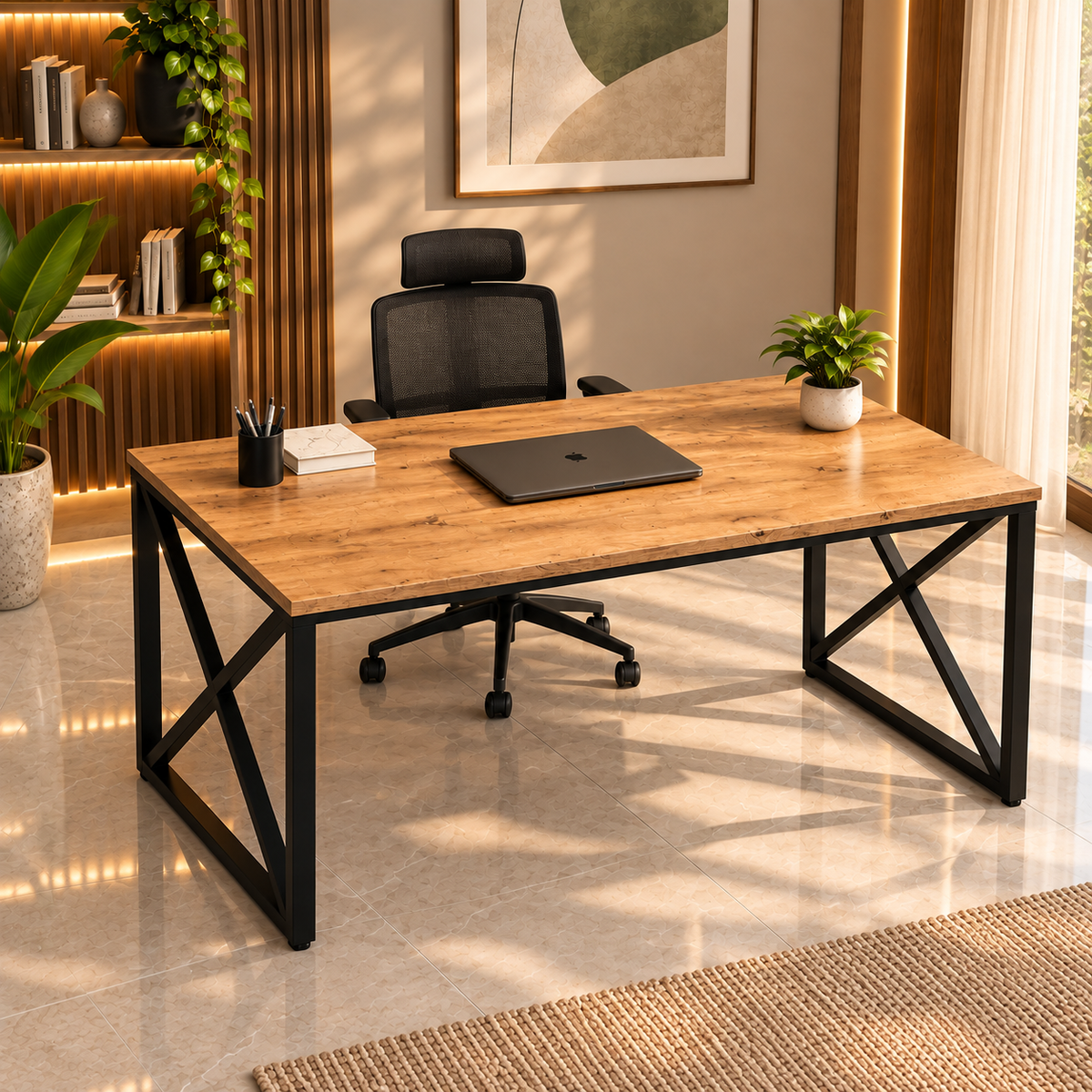 Workstation – Spacious Wooden Desk with X-Frame Support