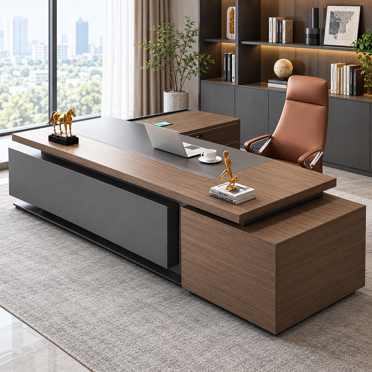 Walnut Executive Office Table with Side Rack image 3