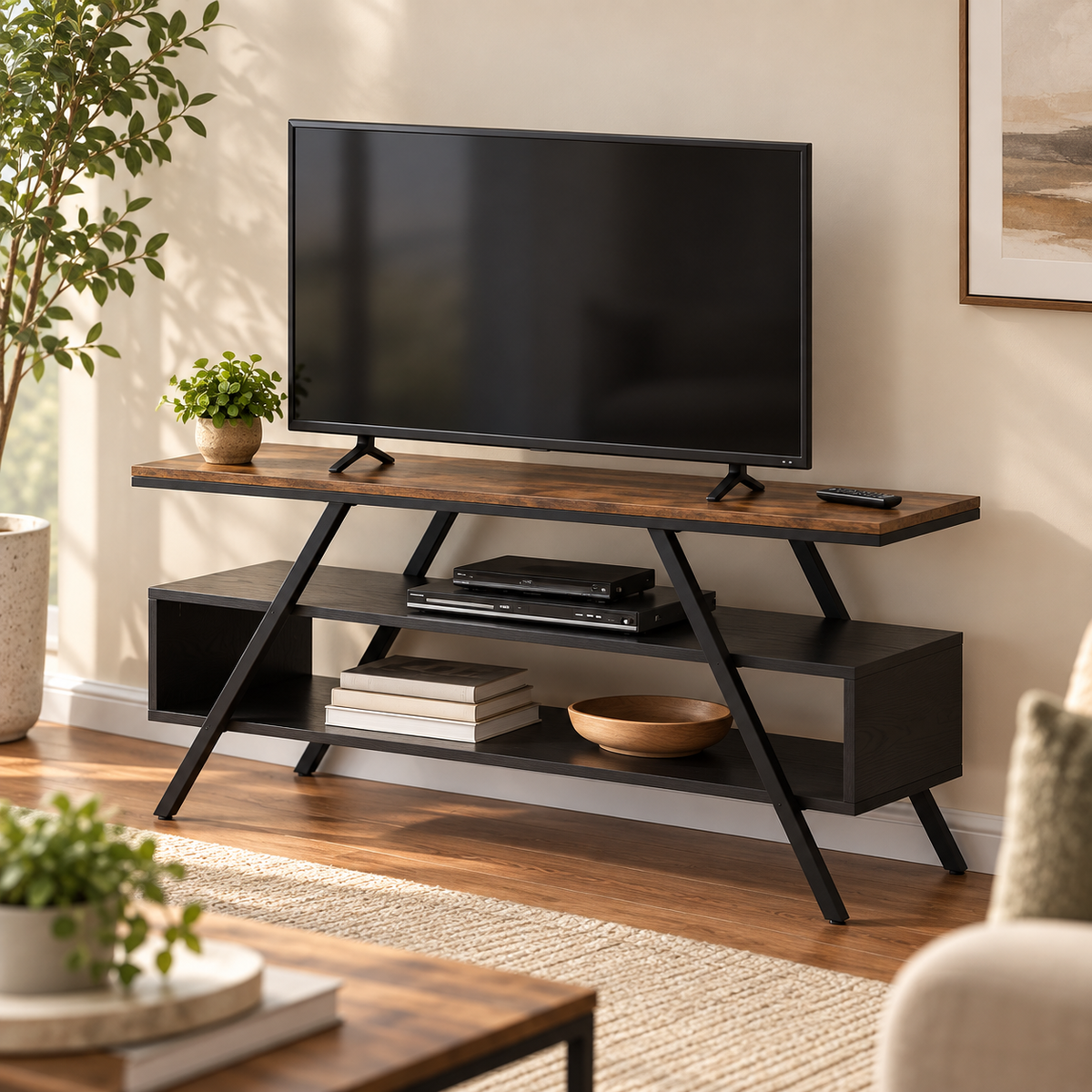 TV Console – Modern Metal & Wood Entertainment Unit