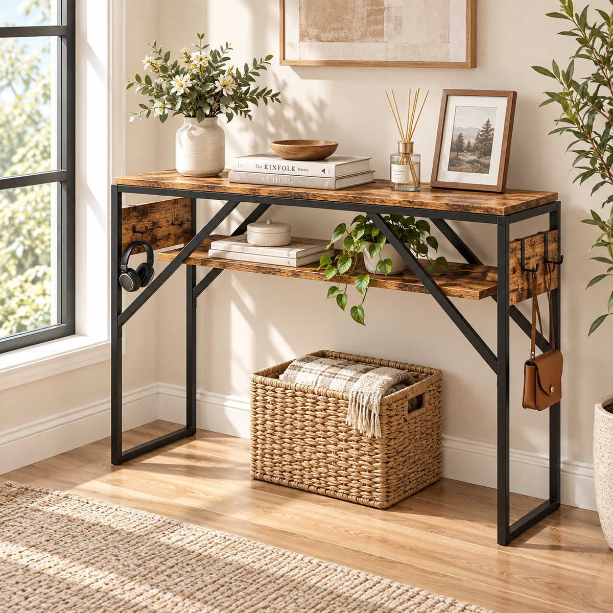 Console Table – Metal & Wood Entryway Organizer