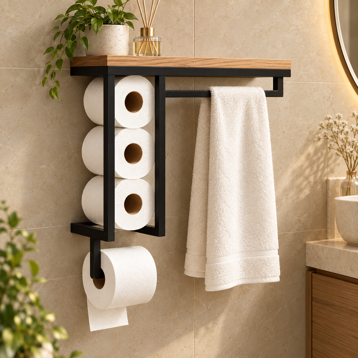Bathroom Organizer – Wall-Mounted Towel & Toilet Paper Holder
