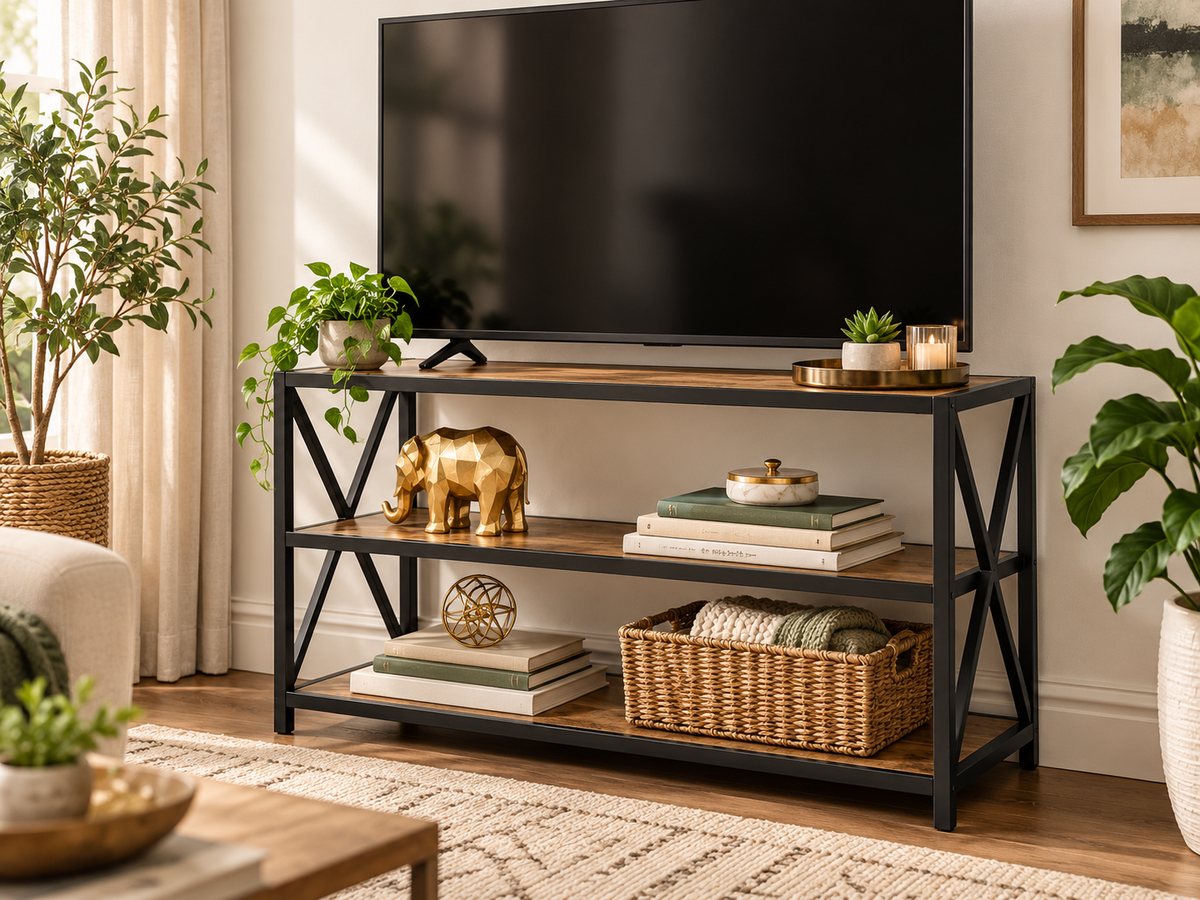TV Console – 3-Tier Metal & Wood Media Unit image 5