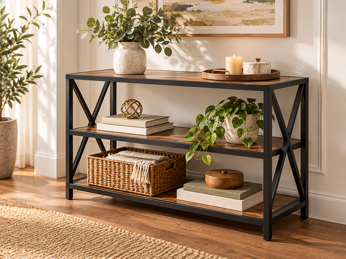 TV Console – 3-Tier Metal & Wood Media Unit image 4