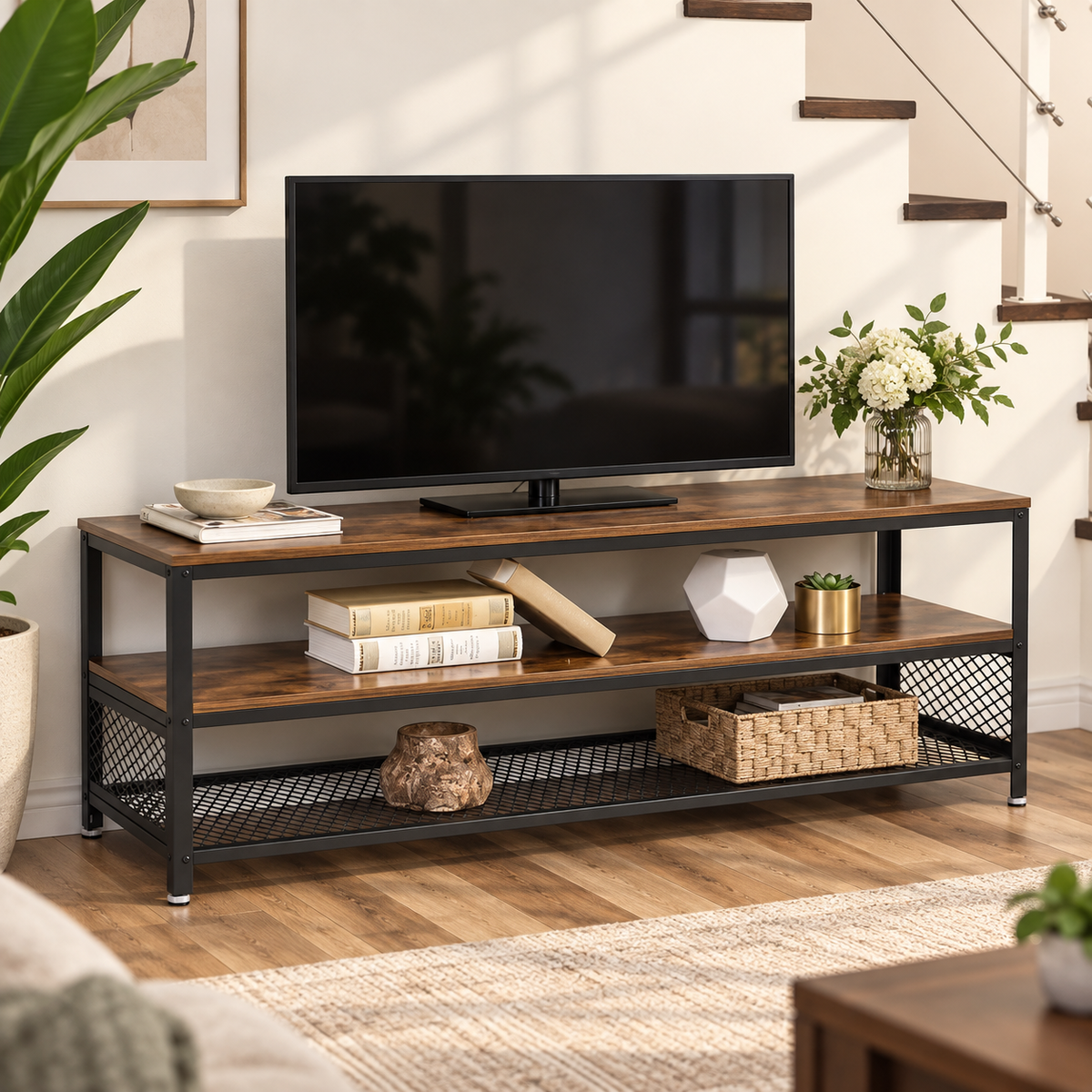 TV Console – 3-Tier Metal & Wood Media Stand image 2