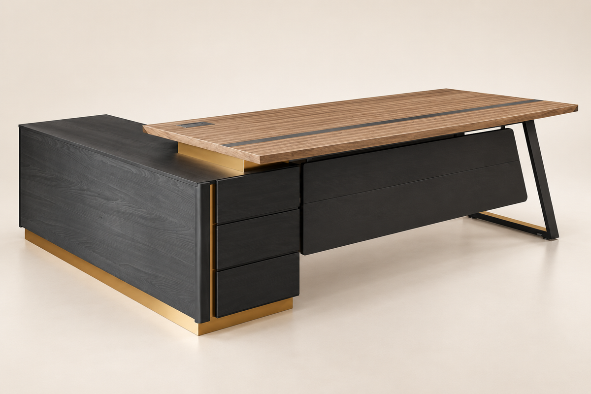 Walnut & Charcoal Executive Office Table with Side Rack image 1