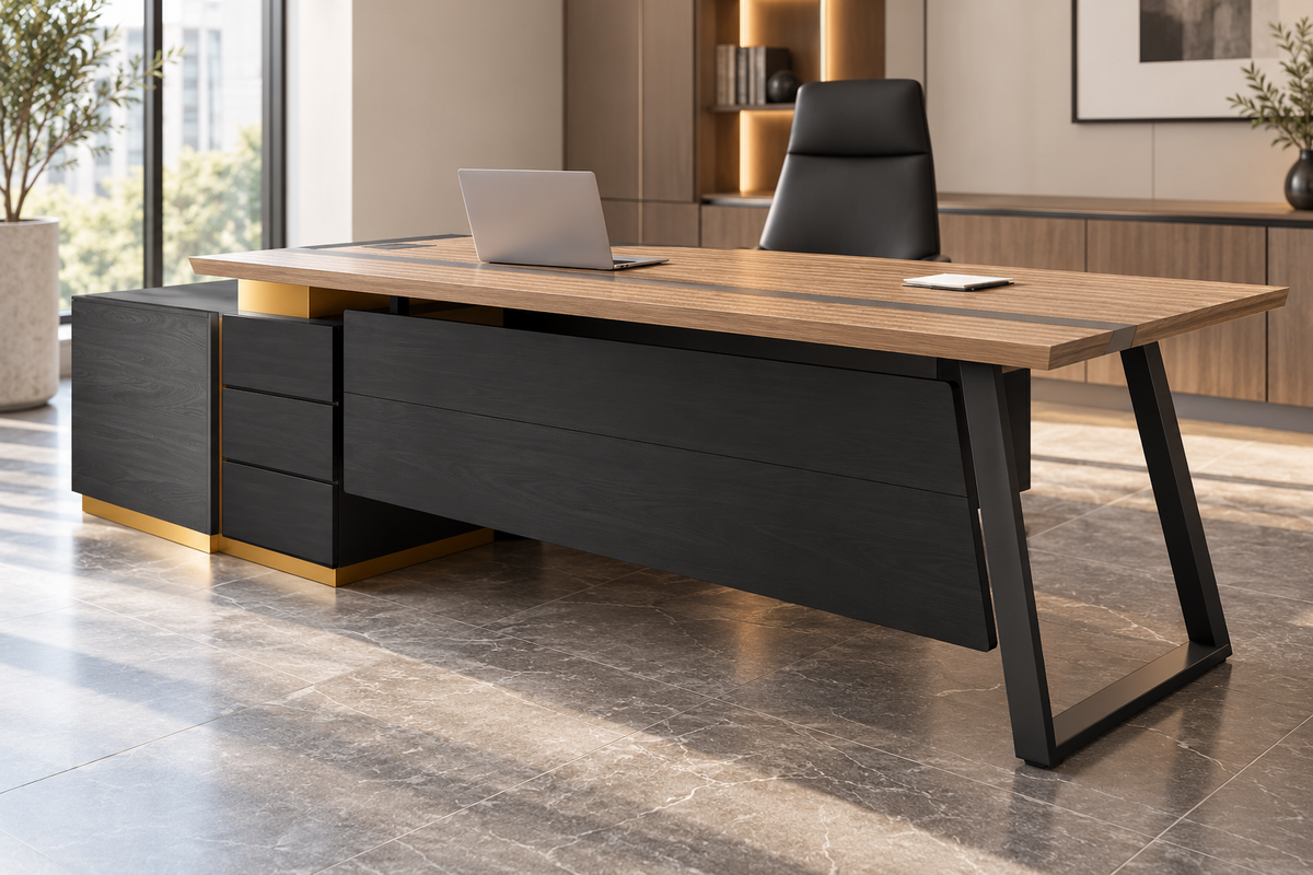 Walnut & Charcoal Executive Office Table with Side Rack image 3