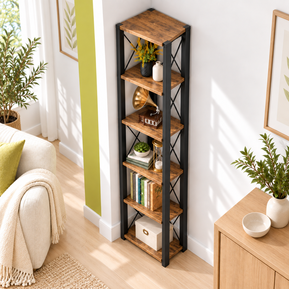 Bookrack – Slim Vertical Storage with Rustic Charm