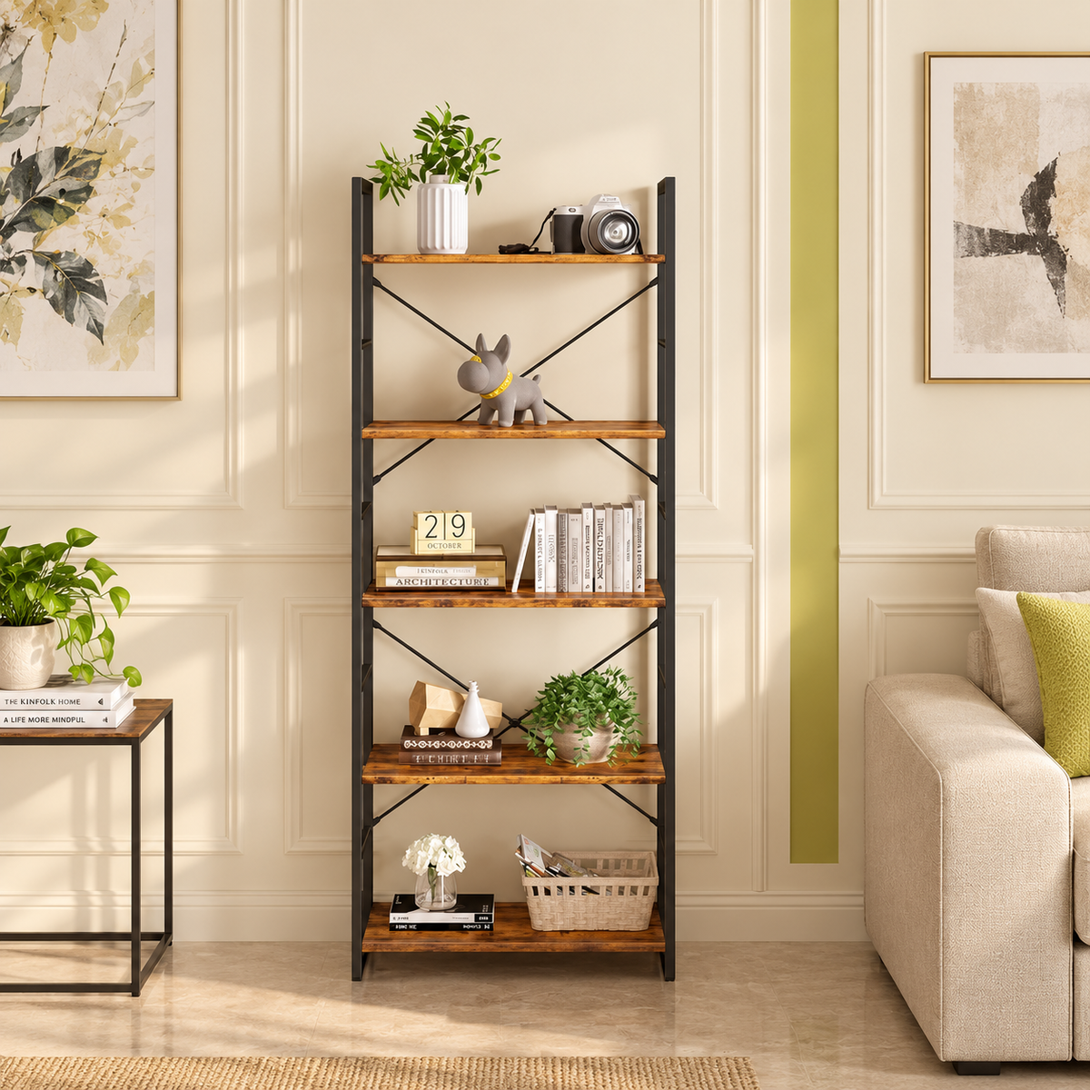 Bookrack – 5-Tier Storage with Rustic Industrial Style
