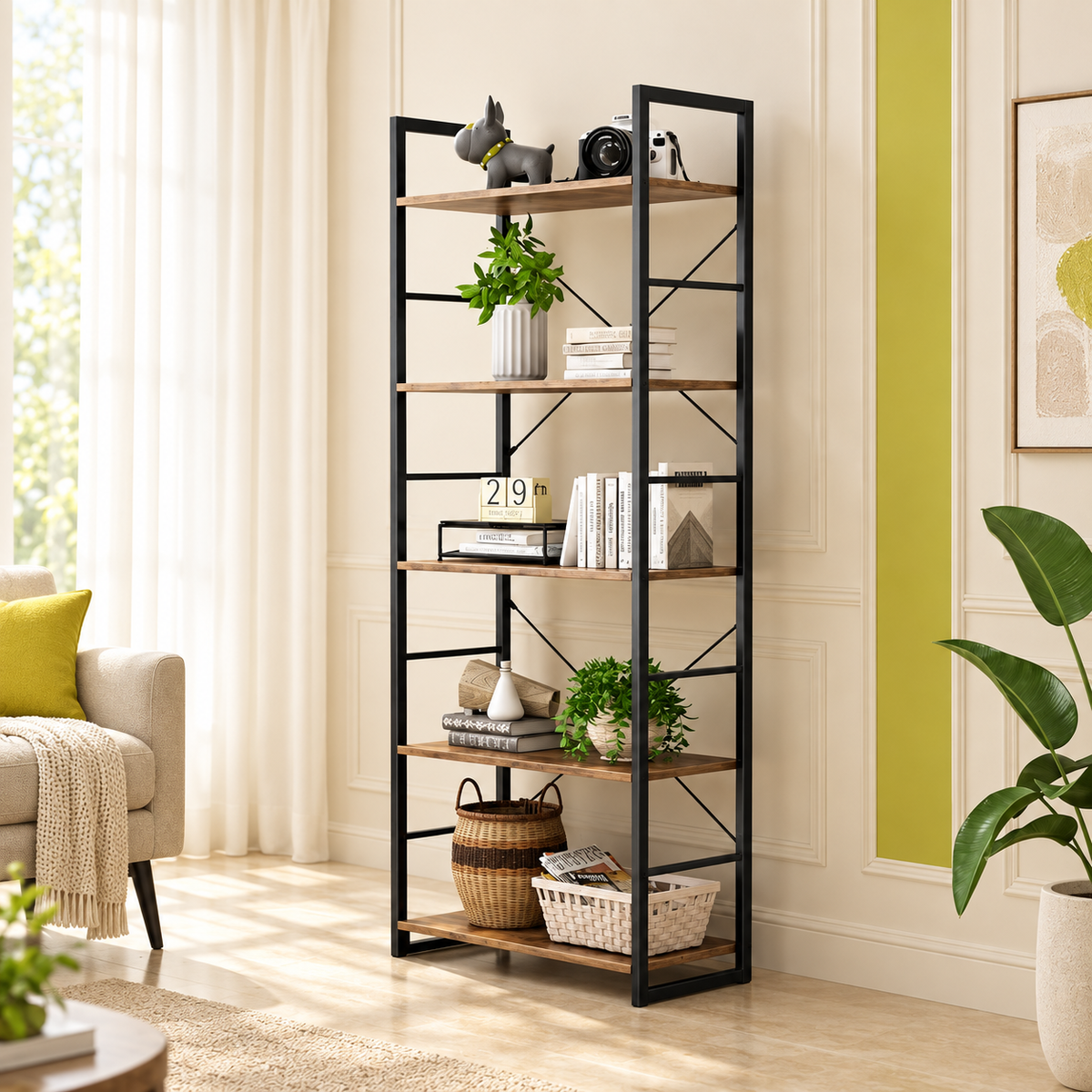 Bookrack – 5-Tier Storage with Rustic Industrial Style