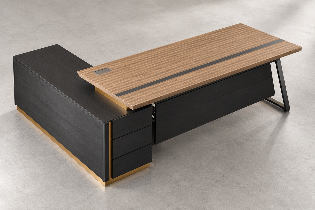 Walnut & Charcoal Executive Office Table with Side Rack image 5